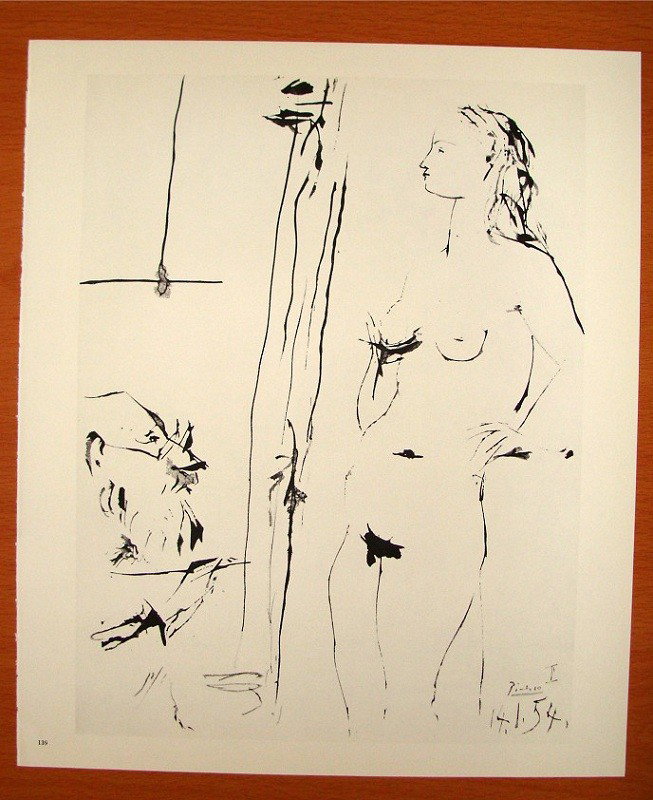 Pablo Picasso Self Portrait Painting a Nude VERVE: Verve edition from the 50's after a picasso drawing of himself painting a nude woman dated 1954 signed in the plate, size 10.5" X 13"