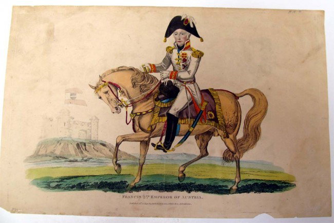 Francis 2nd Emperor of Austria 1815 Stipple engraving: 1809 Watermark, rare color stipple engraving, PUBLISHED DATE dated JUNE 16, 1815 ARTIST JOHN ROMNEY - 1786-1863 PUBLISHER RICHARD EVANS, WHITE'S ROW, SPITALFIELDS CONDITION: This original hand-coloure