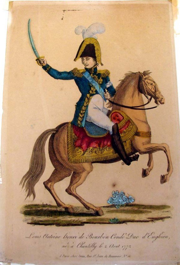 Louis Antoine henri de Bourbon hand Color 18th C Print: Text says : Louis Antoine henri de Bourbon Conde d'Enghien, ne a Chantilly le 2 Aout, 1772" This is a Beautiful hand colored original French portrait of the later executed count on horseback with swor