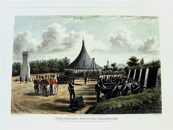 Royal Artillery Repository Exercises 1844 Color Aquatin: Magnificent oversized hand colored aquatint engraving is inscribed: Drawn and Engraved by John Grant, "Illustrations of the army and navy register and woolwich gazette" and Monument tot he Memory of t