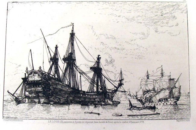 LE Louis XV vaisseau a 3 ponts se reparent dans la: LE Louis XV vaisseau a 3 ponts se reparent dans la... etching by J M M Destappe, depicts the famous ship of the line leading, carrying 100 guns on three decks in a battle D'Quessant 1779. Image Dimens