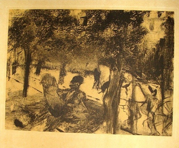 Edgar Degas Etching 1920 Man In A Park Ltd Edition: This etching was published in 1920 in Munich Germany as part of a folio of etchings limited to 1200 copies, this is from folio #240 (certificate included) Watermark in top right corner (A Flower), pag