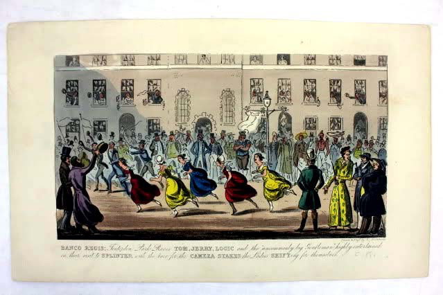 Banco Regis: Tenterden Park races Color Engraving: Hand Colored Engraving depicts 5 ladies racing down the street, Drawn and engraved by Robert Cruikshanks London 1889, Dims 10" by 6"