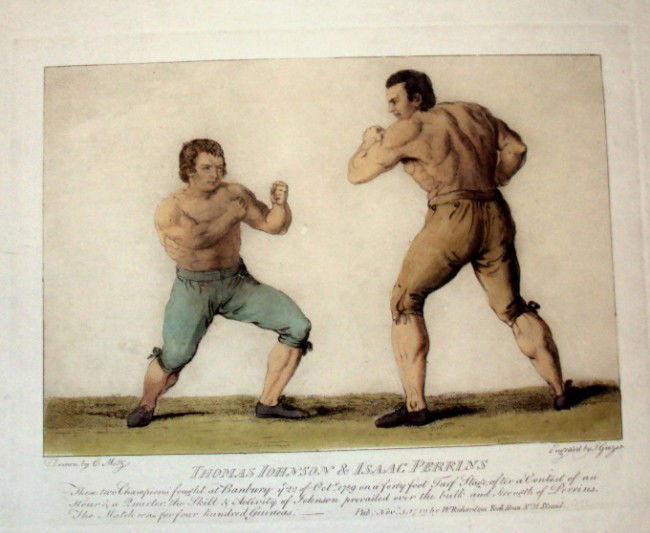 Boxing Match Between Thomas Johnson & Isaac Perrins: Large HAND COLORED re-strike of famous Boxing engraving by J. Grozer, after C.R. Ryley & G.Metz. Paper size 22" by 16", image 10.5" by 14". Excellent condition