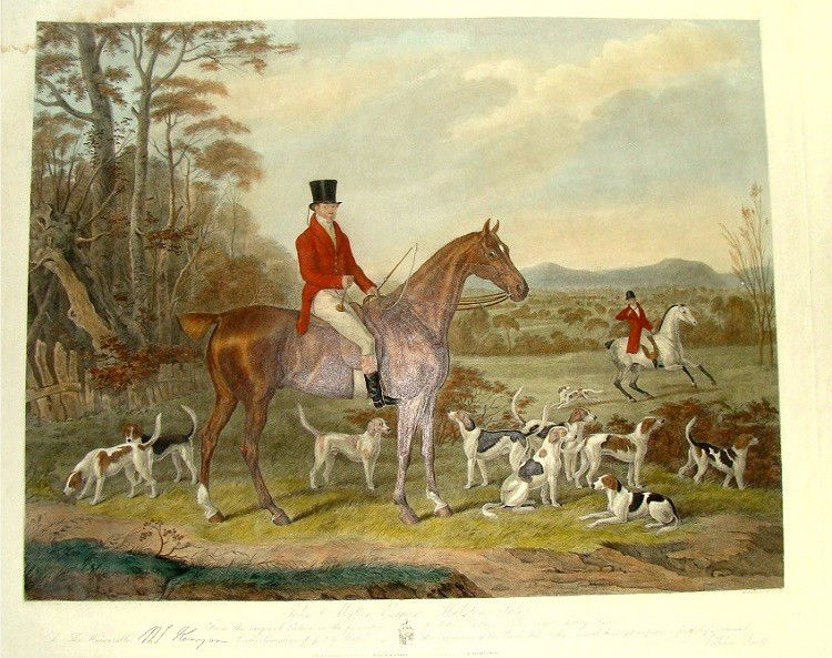 Portrait of John Mytton at Fox Hunt Hand Colored Engrav: This is an original Hand Colored Engraving titled John Mytton Esquire, Halston Salop. The extensive title is a hand written calligraphy dedication. Painted by W. Webb, engraved by W. Giller, and publi