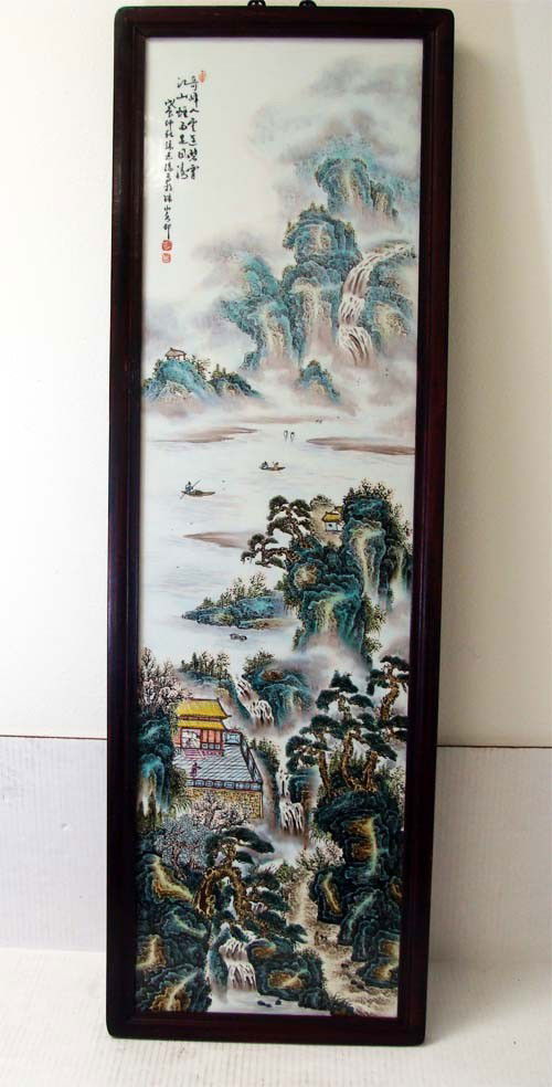 ANTIQUE CHINESE PORCELAIN WALL PLAQUE 20th Century: An Antique wooden framed wall hanging and porcelain plaque, Scenery landscape depicts famous scenes. Late qing dynasty chinese celebrity describe, Size: 48" by 15"