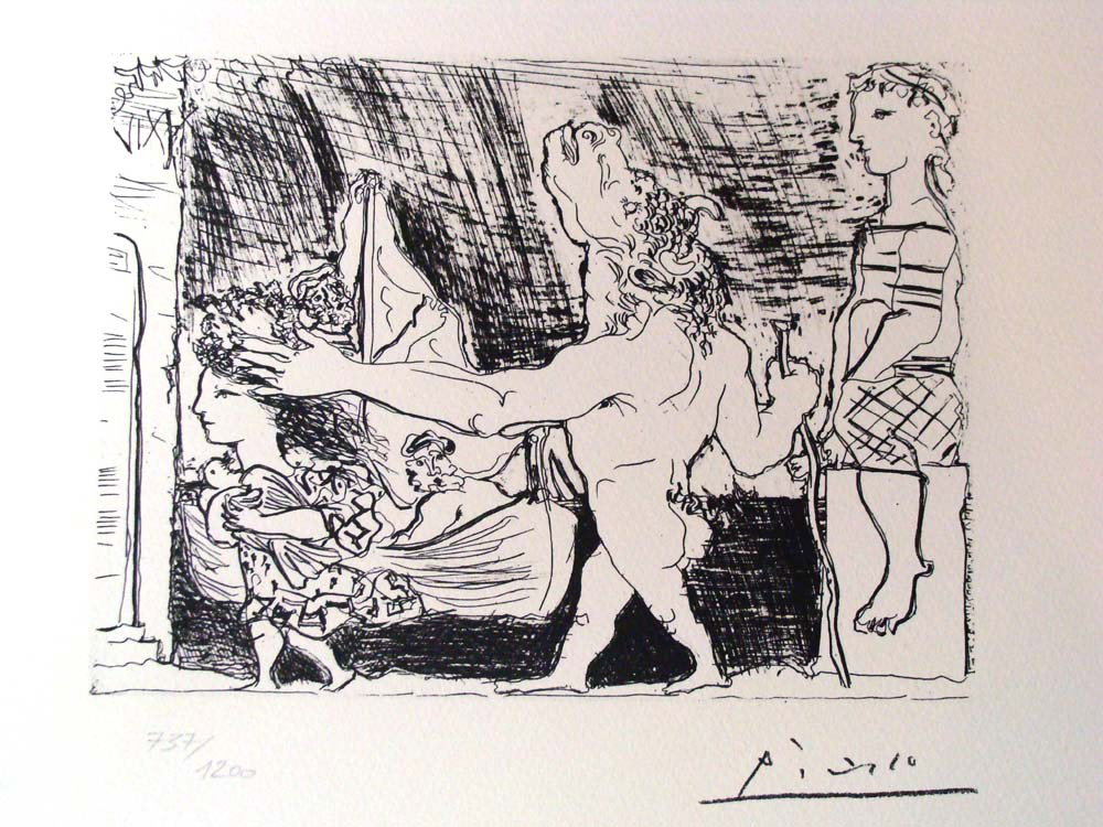PICASSO after Vollard Suite lithograph 1956 Minotaur: PICASSO Vollard Suite lithograph "Minotaur" in black ink, numbered 737/1200, printed in 1956 in lithography after the original 1933 Vollard Suite etching on heavy cream colored stock measuring about 8