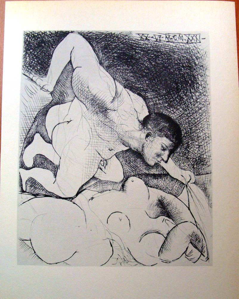 Nude Couple PICASSO Vollard Suite lithograph 1956: PICASSO Vollard Suite lithograph "Nude Couple" in black ink, printed in 1956 in lithography after the original 1933 Vollard Suite etching on heavy cream colored stock measuring about 8 x 10 inches; pr