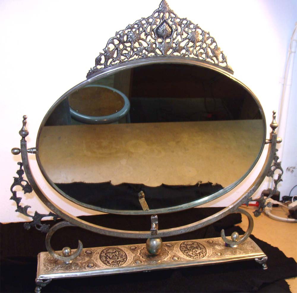 Large Ornate Antique Persian Silver Mirror on Base: Dimensions 26" by 26" by 6" deep. Weight of silver metal portion 2800 grams,