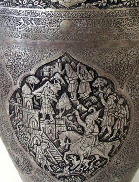 Pair Persian Antique Silver Metal Vases Engraved Signed: First quality, has a signature, antique vases, very hard to find, no repairs, no dents, no dings, rare, unique, has islamic writing on top of the vase, engraved, very hard to find as a pair. Total wei