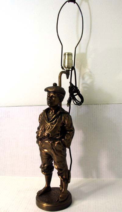 Barefoot Boy Whistling Bronze Statue On A Bronze Base L: European origin, late 19th century. Lamp is removable if desired: dimensions (without lamp) 16"tall x 5. 5" wide-- with lamp:30"tall