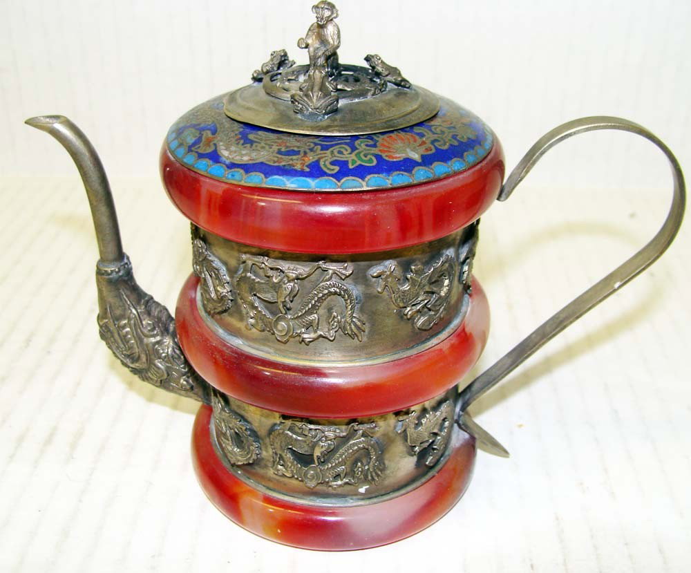 Nepalese Silver Metal & Stone Ceremonial Teapot: Cloissone Lid, Dimensions 5" X 4" by 3", K76W