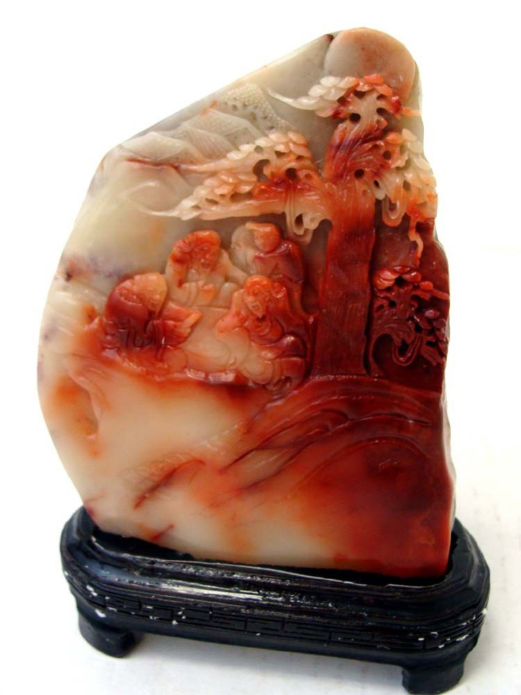 Chinese Fujian Shoushan Stone w 4 Happy Elders & Tree: Hand Carved, with custom base, age unknown, dimensions 6.5" by 4" wide by 1" thick (including base 1.5" tall). K33W1
