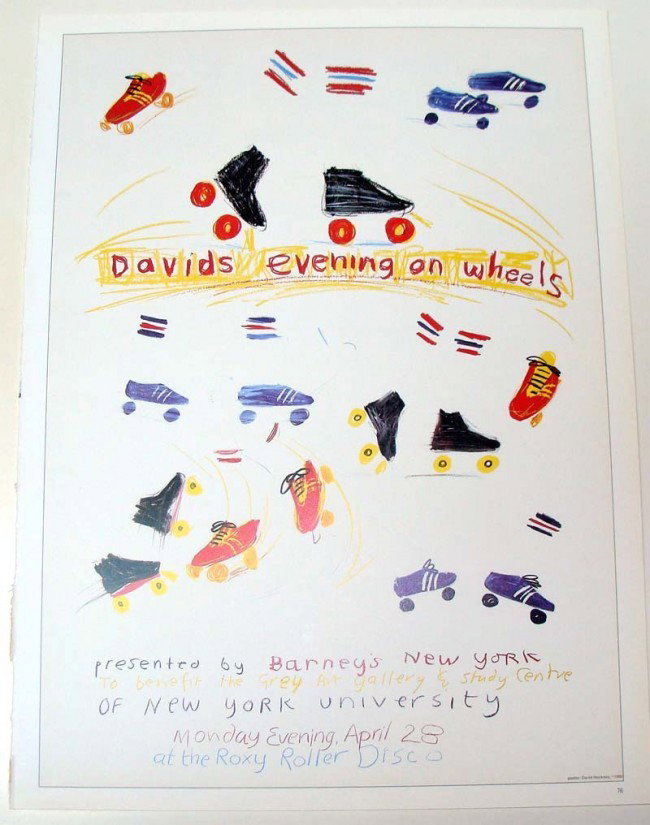 Litho of David Hockney Poster Davids Evening on Wheels: Nice color Litho of a Poster David hockney did for an event at Barney's NY in 1980. Dims 10" X 14"