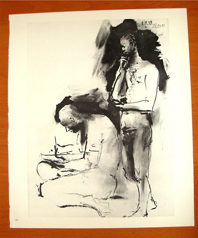 After Picasso Nude male study 1959 from Verve: Verve edition from the 60's after a picasso drawing of two nude men dated 1959 signed in the plate Dims 10.5" by 14"