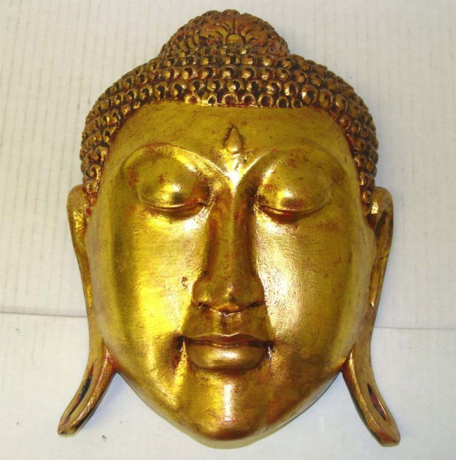 Gilded Gold on Wood Buddah Mask Nepal 12": Beautiful Gold on Carved Wood Buddah wall hanging mask, dimensions 12" by 9" wide, from the Beverly Hills Lee Estate collection of Masks.