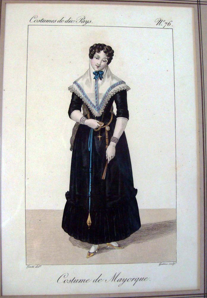 Costume de Mayorque 1827 Hand Colored Engraving: Depicting an elegant Spanish gown, No 76, Cost.[umes] de Div.[ers] Pays. "Costumes of Various Countries." Engraved by Georges Jacques Gatine (1773-1824) and printed by Louis-Marie Lanté (1789-?. Matt