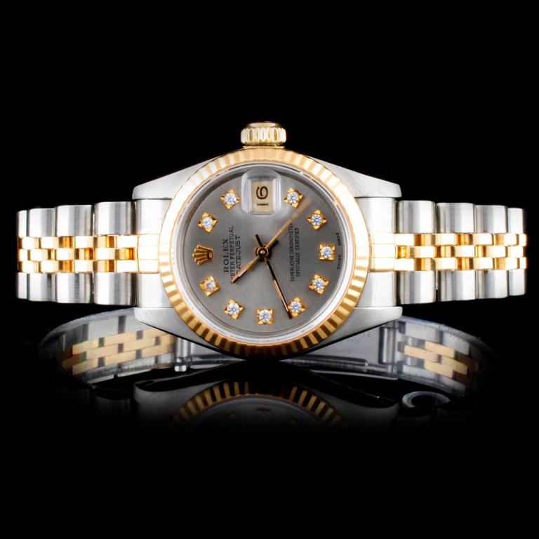 Rolex YG/SS DateJust Diamond Ladies Watch: Estimated Retail Replacement Value: $12,600.00Ref: WAG11200Item No.: ARXI006Specification:Documents: Appraisal ReportModel: DateJust Oyster PerpetualWeight: 53.80 gramsMovement: Perpetual, Self Windin