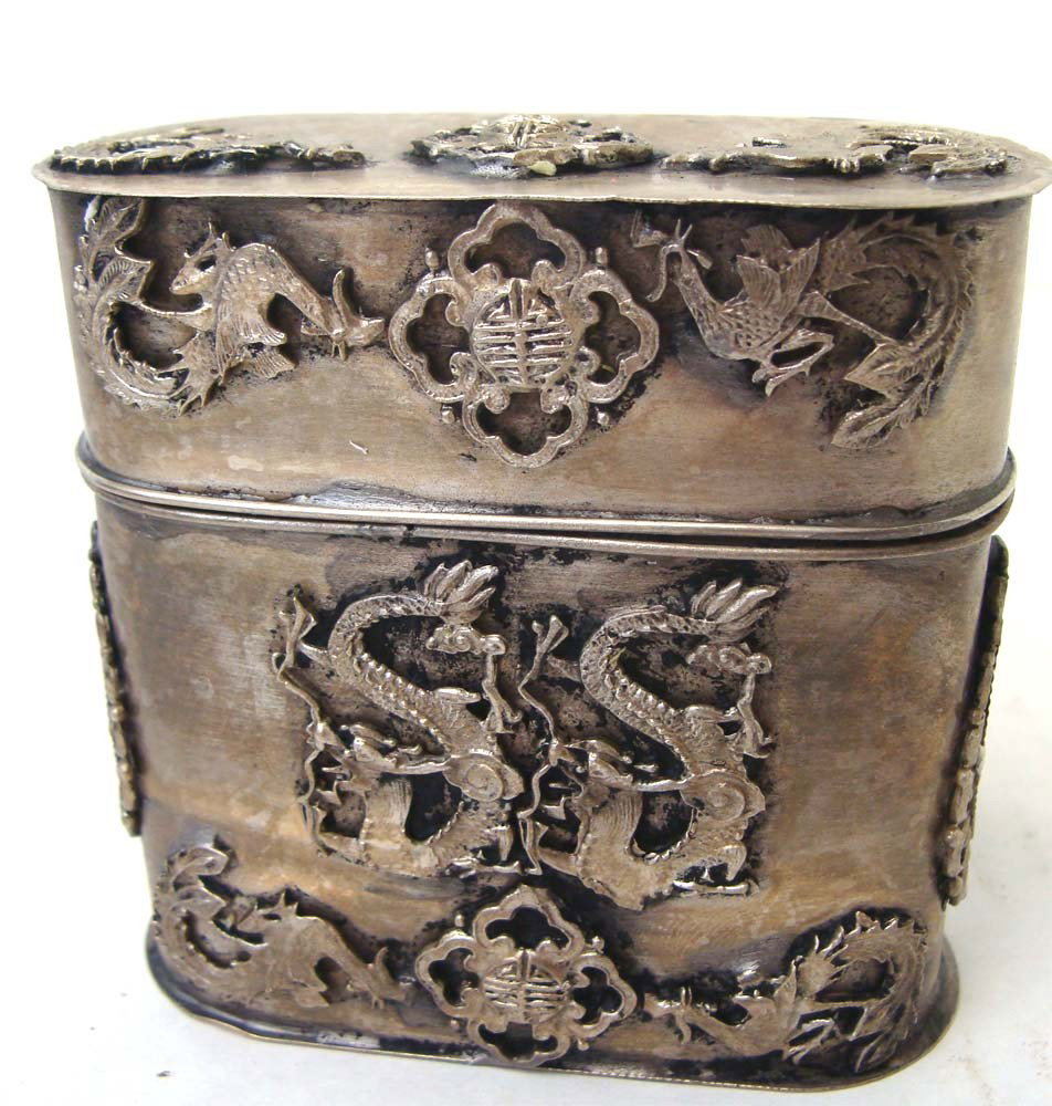 Nepalese Ornate Dragon Silver Metal Box With Lid: Size 3" by 3" by 1" K44W
