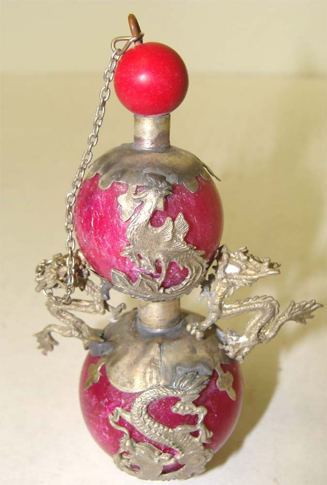 Nepal Snuff Bottle Red Stone and Silver Metal Dragons: dimensions 4" tall K3W9
