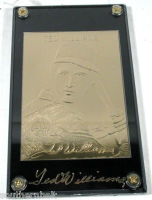 22k Gold Baseball Cards Ted Williams, Gehrig, Babe Rut: Three Cards, 1- 22k gold lou gehrig baseball card in plexi 1- 22k gold ted williams baseball card in plexi case 1- 22k gold Babe Ruth baseball card in case each baseball card is encased in pure 22k go