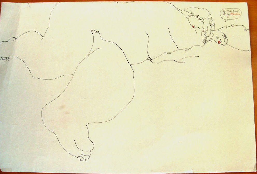 Pen &Ink Nude drawing If it's the finest it's by REVLON: Signed LENO 1968 on the far left this is a large pen drawing on paper, Red color has been added on the word "Revlon" and the nude's lips and thumbnail. Dimensions 35" by 23"