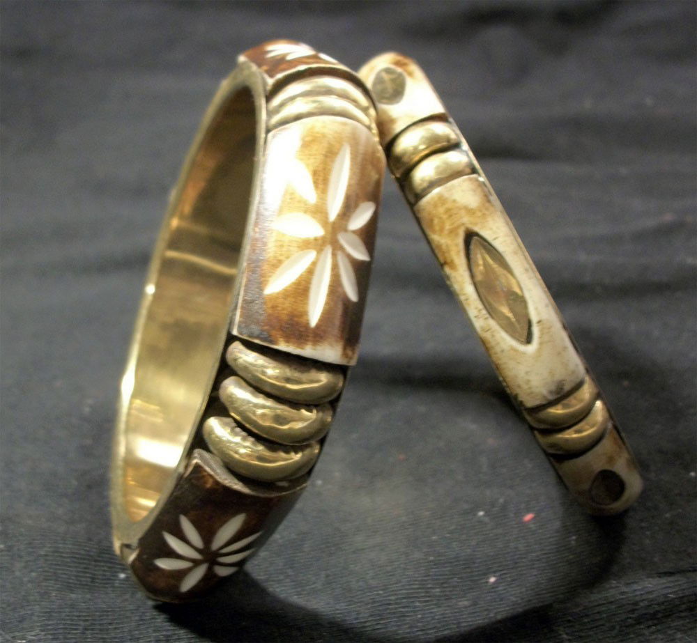 2 antique etched GOLD AND IVORY BRACELETS: Set of two antique GOLD AND IVORY BRACELETS. Very old 24K gold. One is 3” wide, other is 3 1/2” wide. W182KBF