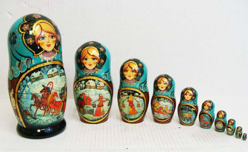 Russian Matryoshka Nested Doll 10 Piece Signed & Number: Exquisite design, Each figure has a different elaborate Russian scene. From the Lee Estate in Beverly Hills, largest is 10" tall x 4.25" diameter