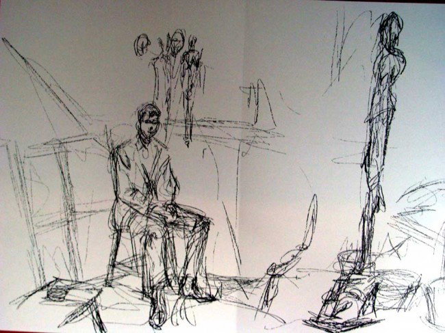 GIACOMETTI: Model In Studio Portrait Derriere Le Miroir: GIACOMETTI double page offset lithograph in black ink from the deluxe French art review DERRIERE LE MIROIR; printed on heavy wove white stock and pulled at Ateliers de Maeght Editeur; measuring a very