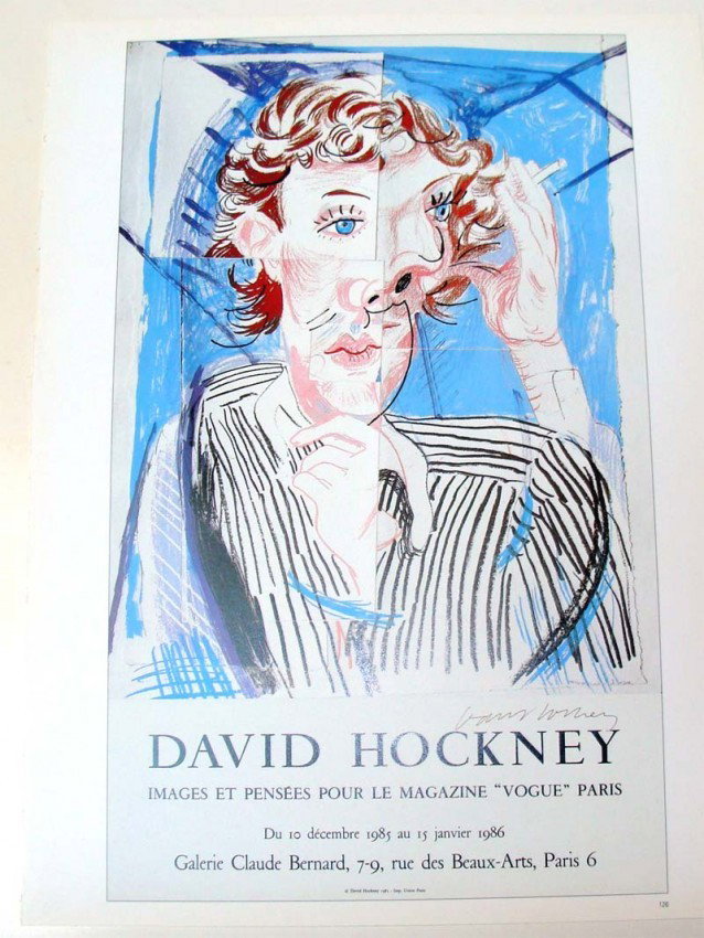 David Hockney for Galerie Claude Bernard Paris 1985: Nice full color litho of a Poster done to promote "Images et Penees pour le Magazine "VOGUE" Paris, December 1985. Dims 10" by 14"