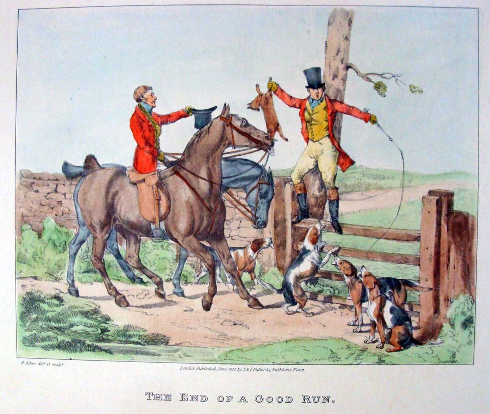 The End Of A Good Run H Alken Hand Colored Aquatint: One of three Fox Hunt Color Aquatint caption says London Published June 1823 by S&I Fuller, image dimensions 10" by 8", unframed After Henry Samuel Alken, British, 1810-1894) aquatint and hand-colored