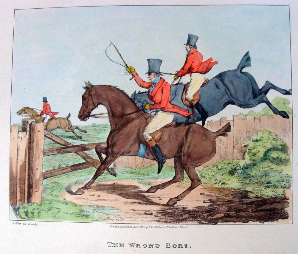 The Wrong Sort After Henry Alken Hand Color Aquatint: One of three Fox Hunt Color Aquatint, caption says London Published June 1823 by S&I Fuller, image dimensions 10" by 8", unframed, After Henry Samuel Alken, British, 1810-1894)aquatint and hand-colore