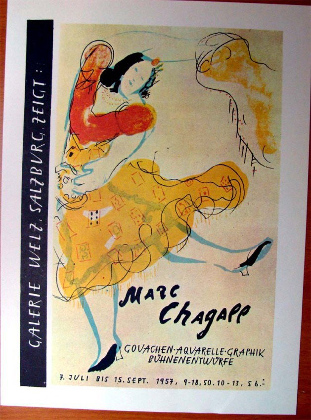 Marc Chagall "Galerie Welz" Lithograph Poster 10"X13": CHAGALL poster printed in 1966 in offset Lithography by Tempo Graphics Inc on nice heavy cream colored paper; measuring 10" x 13" printed single sided with blank back