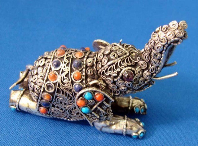 Himalayan Handcrafted Miniature Filigree Elephant: Intricate nepalese handcraft with coral and turquoise, dims 3. 0" x 2. 5"
