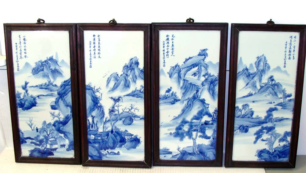 Four Chinese Blue & White Porcelain Plaques Quadtych: each porcelain plaque is 9" by 18 1/2" tall. The four together show the entire chinese village and mountain scene. K12W10JL