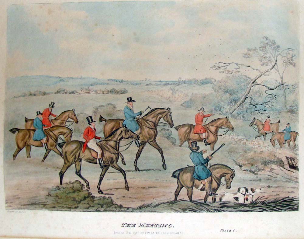 The Meeting Hand Color Engraving by Henry Alken 1841: One of Four Fox Hunting engravings offered, hand colored, drawn by Henry Alken published by I W Laird 1841 London, image 11" by 8 1/2", paper 16" by 12 1/2"