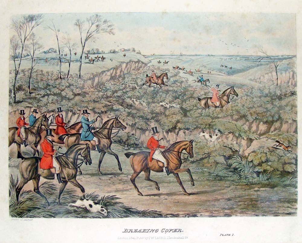 Breaking Cover Hand Color Engraving by Henry Alken 1841: 3rd of Four Fox Hunting engravings offered, hand colored, drawn by Henry Alken published by I W Laird 1841 London, image 11" by 8 1/2", paper 16" by 12 1/2"