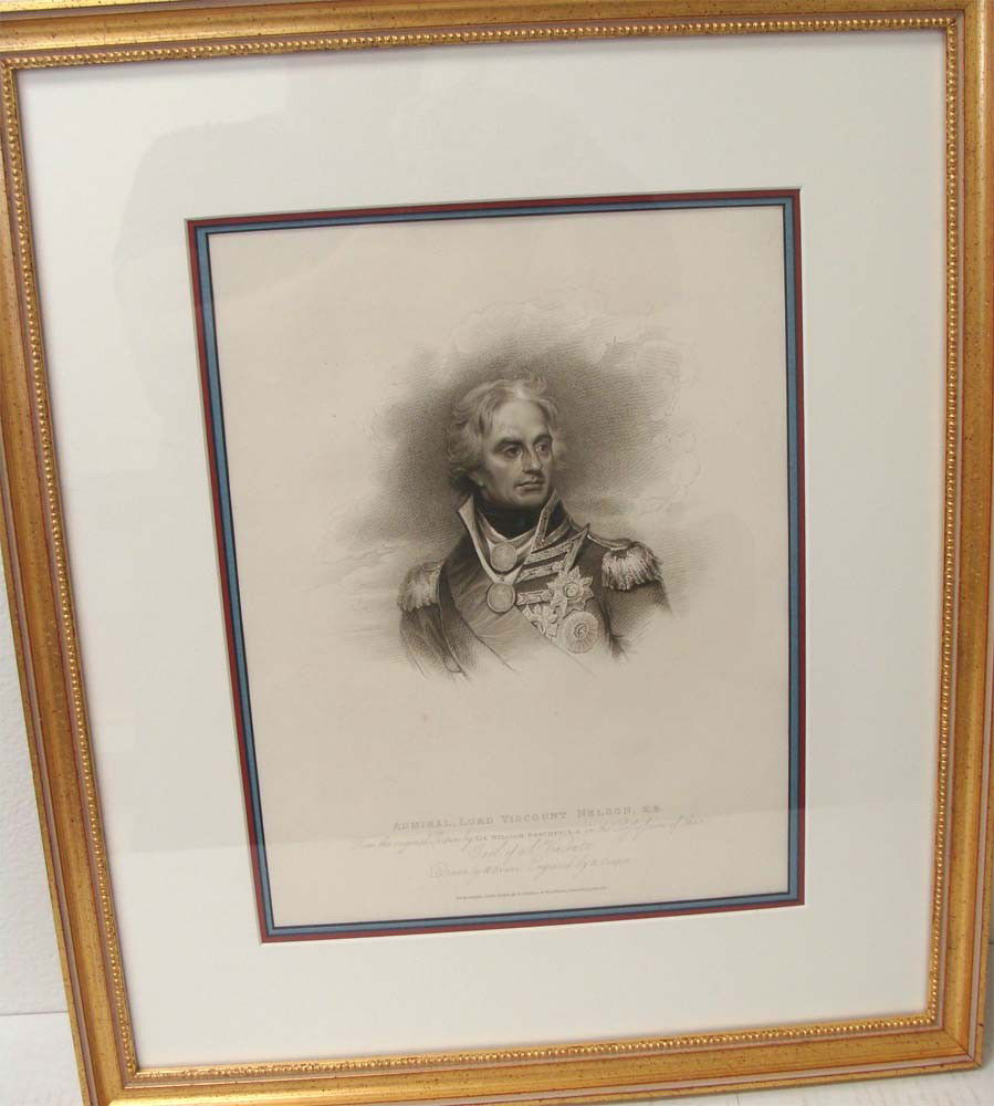 Admiral Nelson 1815 Stipple Engraving by W Evans: Admiral Lord Viscount Nelson from the original picture by Sir William Beechey, engraved by R Cooper published in 1815 by T Cadell & W Davies, London. Framed and Matted dimensions 18" by 21".