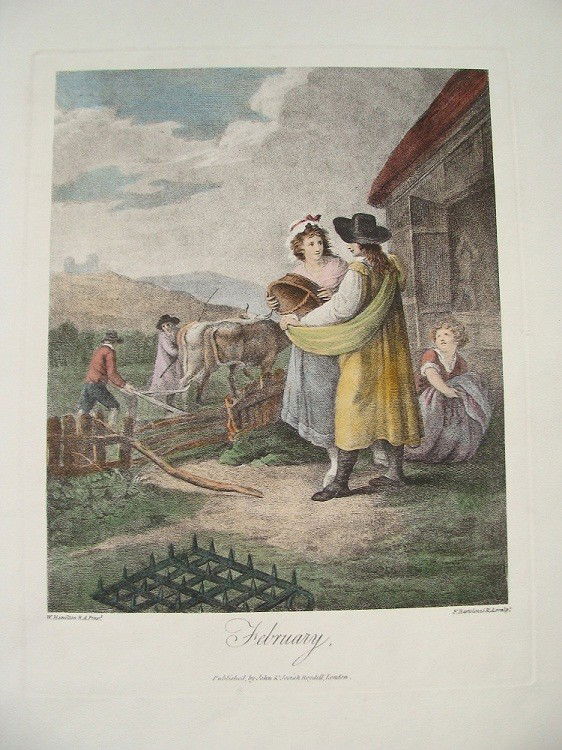 FEBRUARY Stipple Engraving by Francesco Bartolozzi 1798: AN ORIGINAL HAND COLORED STIPPLE ENGRAVING DONE BY FRANCESCO BARTOLOZZI circa 1798(1728-1815.) BARTOLOZZI WAS A MEMBER OF THE ROYAL ACADEMY. WILLIAM HAMILTON (1751-1801) WAS THE ARTIST FROM WHICH THIS