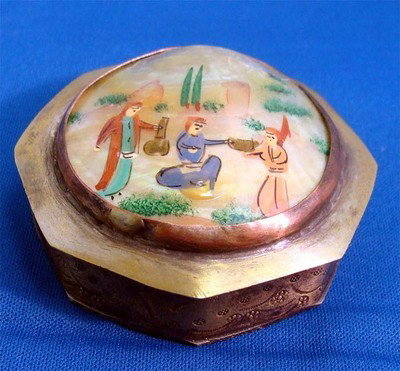 Persian Enamel Colorful Container With Lid: This is a very old silver compact with a charming enamel painting of three men, probably at a marketplace. The bottom of the container is engraved. Dims 2. 5" weight 60g