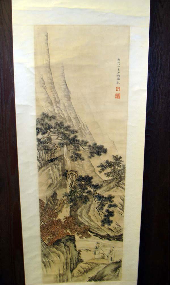 Chinese Scroll painting Mountain Landscape w 2 Women: late 19th Century, image dimensions 38" by 13" K4W60JL