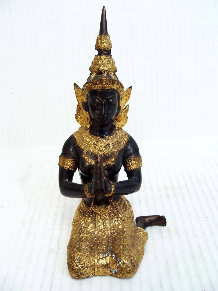 Antique Bronze Gilded Gold Thai Goddess Statue: dimensions 8" h x 3.75" wide.