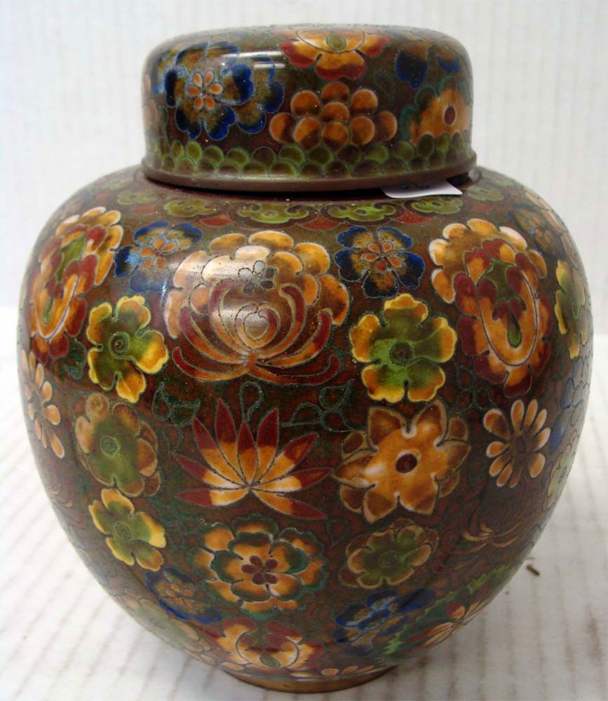 Chinese Porcelain Ginger Jar Browns & Gold Floral: Intricate Rose Design, deep colors, Dimensions 7" tall by 6" diameter