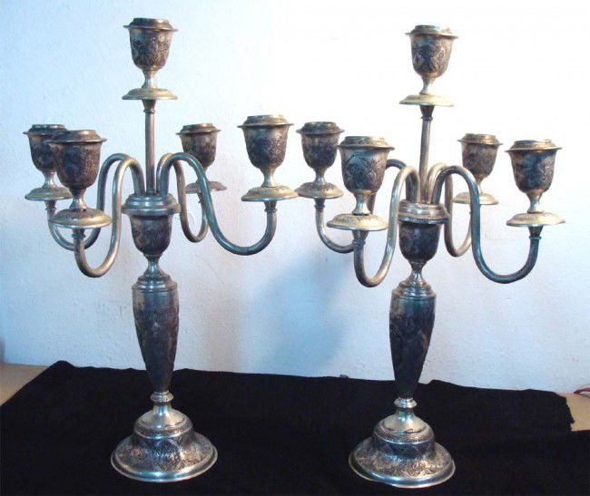 Two Persian Antique Silver Candelabras Ornate Eng: Dimensions 19.5" Tall by 12" wide. Weight 1235grams & 1255 grams
