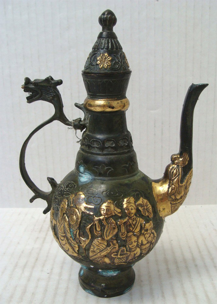Chinese Copper Brass Bronze Tea Pot Dragon handle: Dimensions 8" tall by 5" wide by 4" deep K1W35