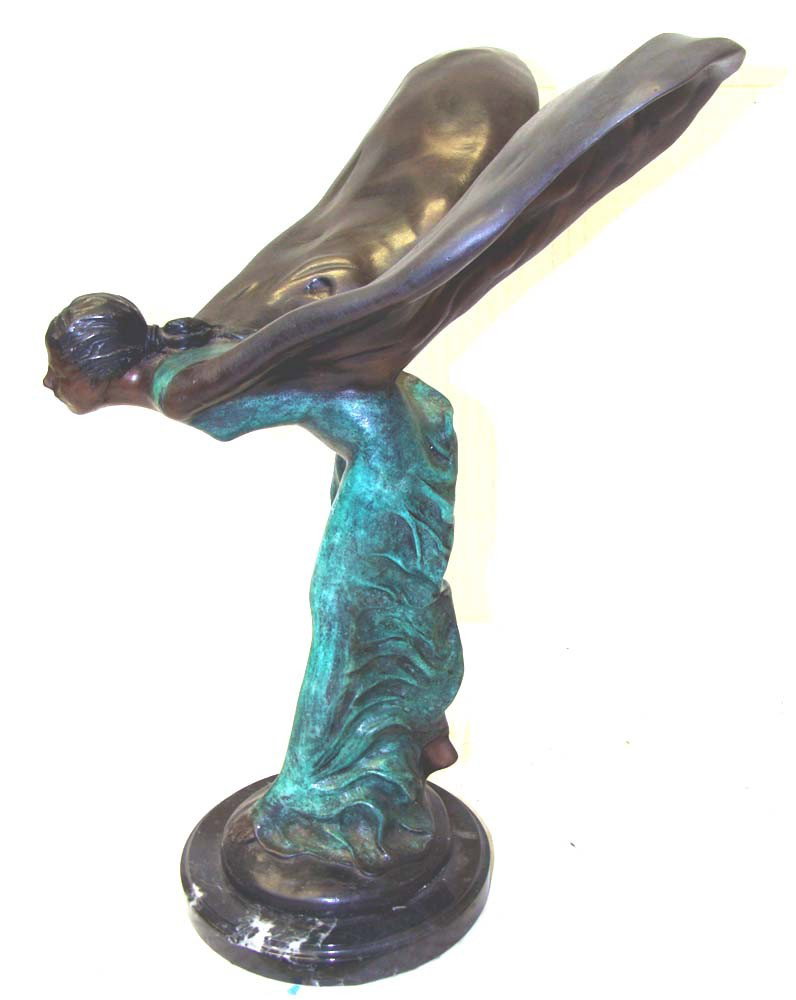 Bronze Rolls Royce Hood Sculpture 15" tall Marble base: This is a beautiful rendition of the famous Rolls Royce Hood Ornament, Originally sculpted by Charles Robinson Sykes, "Spirit of Ecstasy" was originally designed by Sykes to be the mascot for the Roll