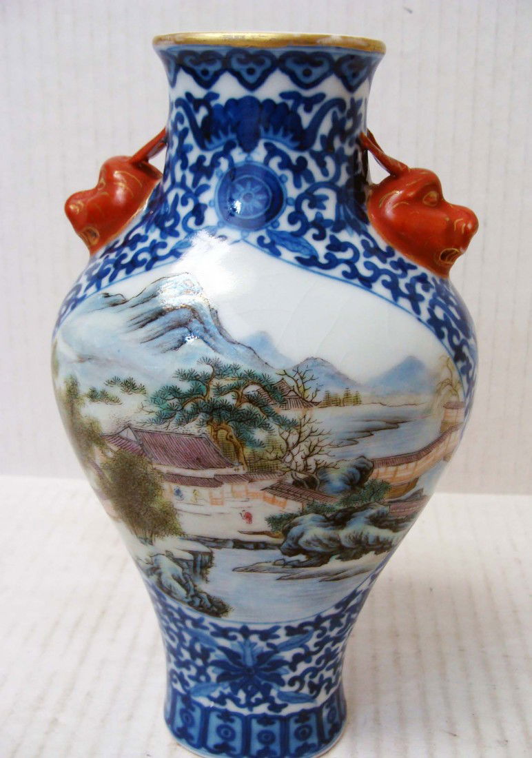 Antique Chinese Porcelain Vase Landscape Fu Dogs Handle Jan 12, 2012