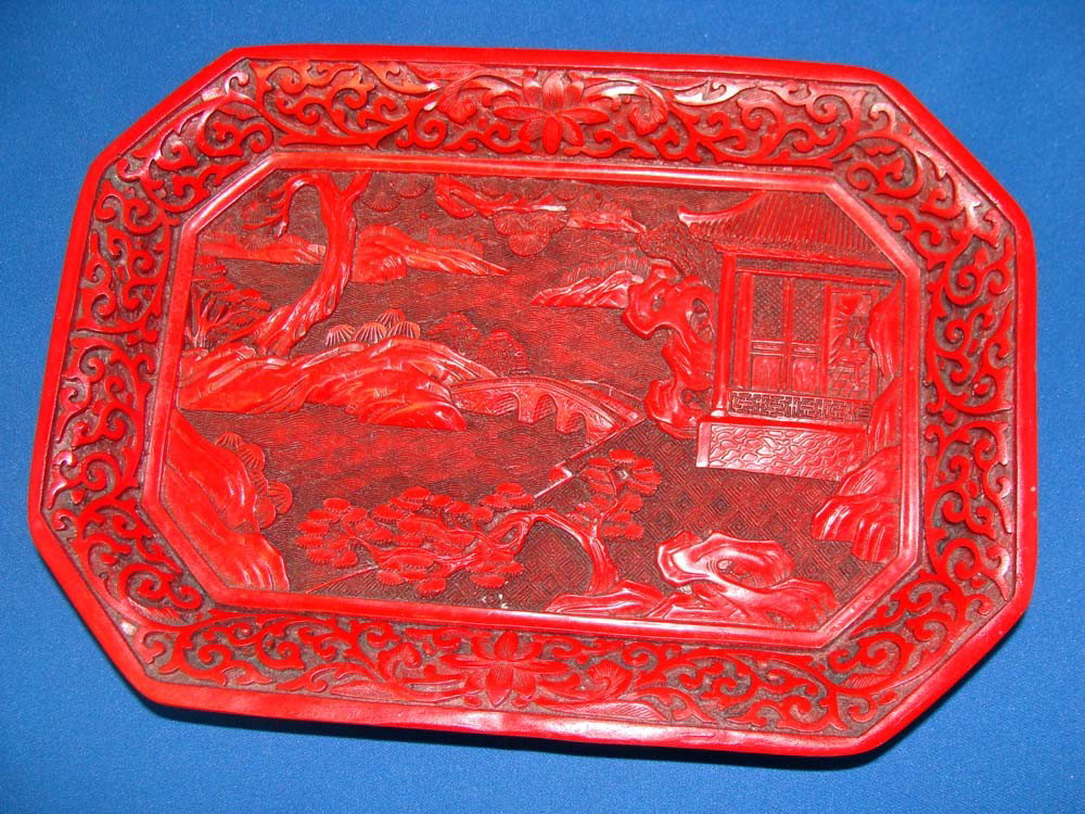 Chinese Carved Cinnabar Tray: Dimensions: