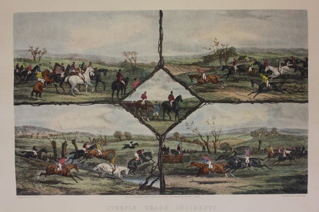 Steeple Chase Incidents Hand Color Engraving WJ Shayer: Wonderful English SteepleChase racing Composition shows five scenes of the Race, this is a hand colored Lithograph printed after the original that was done in London July 21st 1876 by Arthur Ackerman,