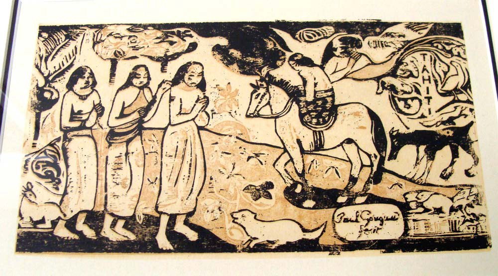 Gaugin Color Engraving from Jean Malvaux Brussels 1939: PAUL GAUGUIN "Tahiti" 71 year old color engraving; printed on heavy cream colored paper; "Engraved by Etablissements Jean Malvaux in Brussels" in 1939; **SIGNED IN THE PLATE** measuring 10.5" x 8.5" p